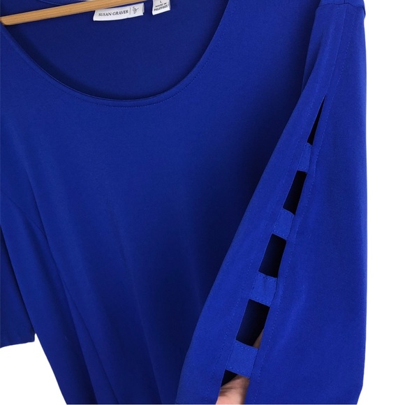 Susan Graver Liquid Knit Cut Out Stretchy 3/4 Sleeve Swing Dress Cerulean Blue - Picture 5 of 9